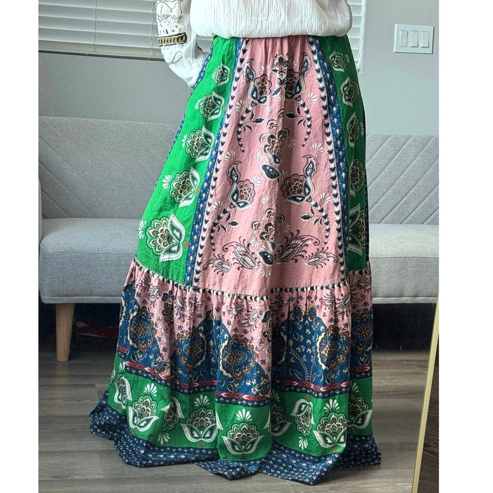 Farm Rio Anthropologie Linen Blend Maxi Skirt L Boho Resort Festival Floral - Picture 10 of 16